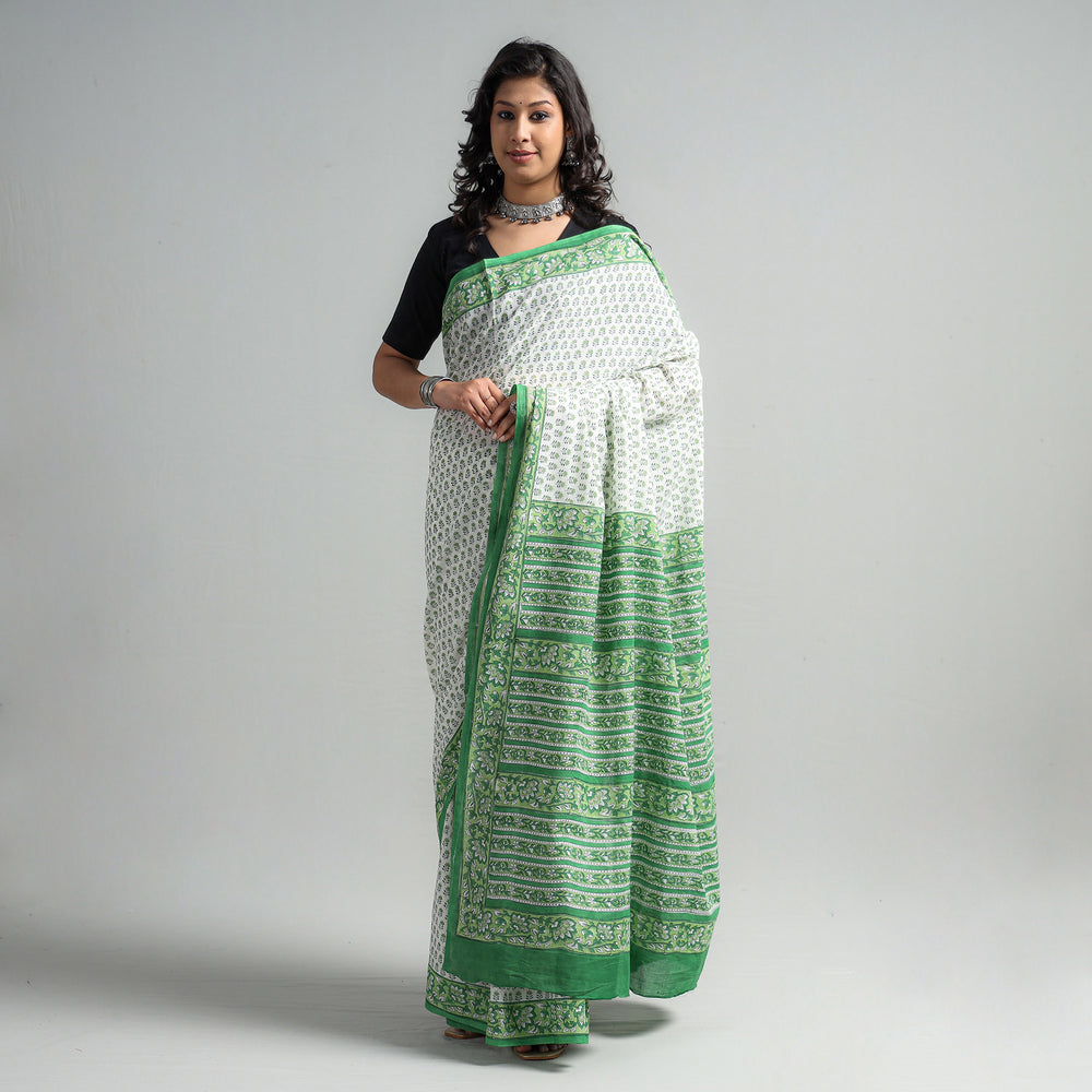 Green - Sanganeri Block Printed Mul Cotton Saree