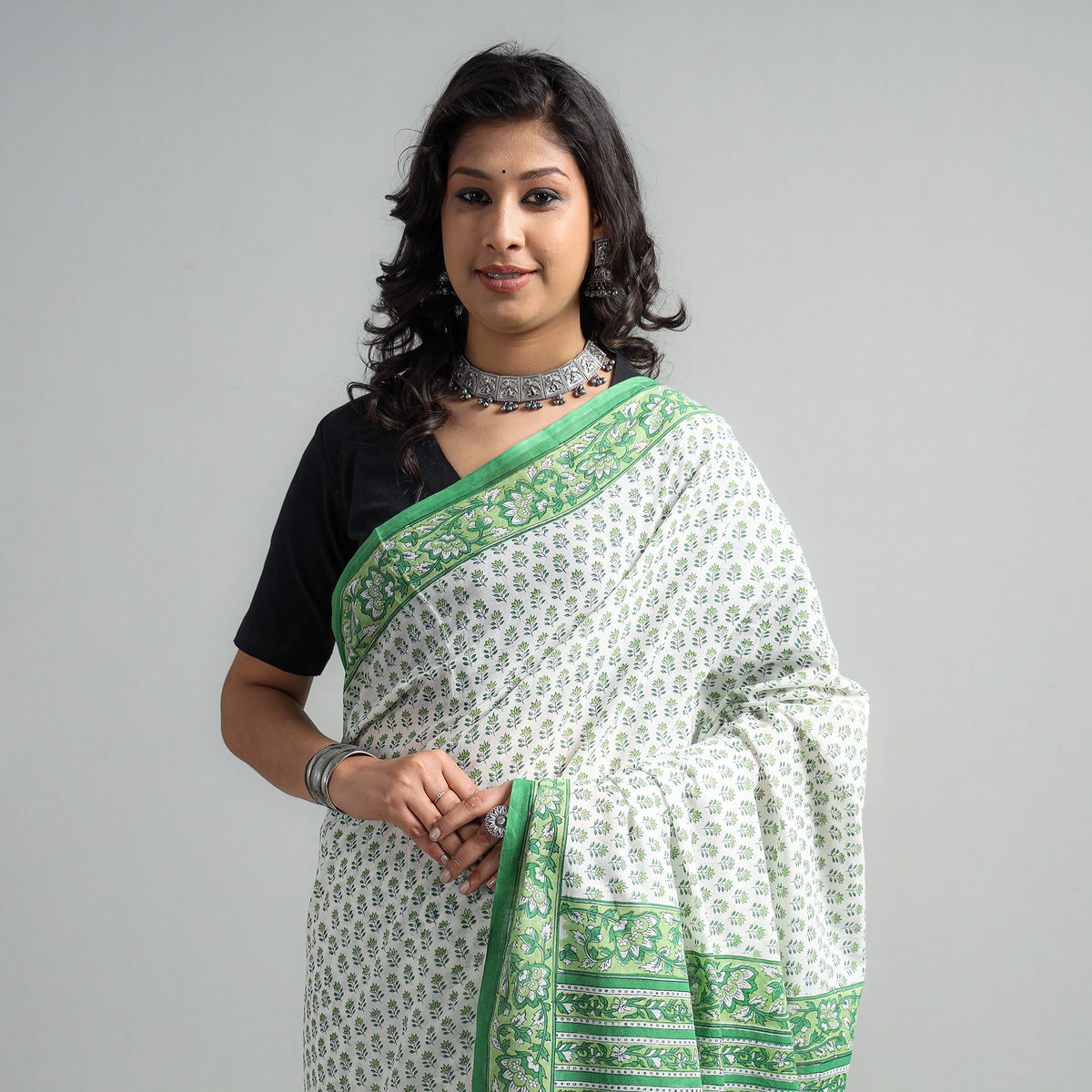 Green - Sanganeri Block Printed Mul Cotton Saree