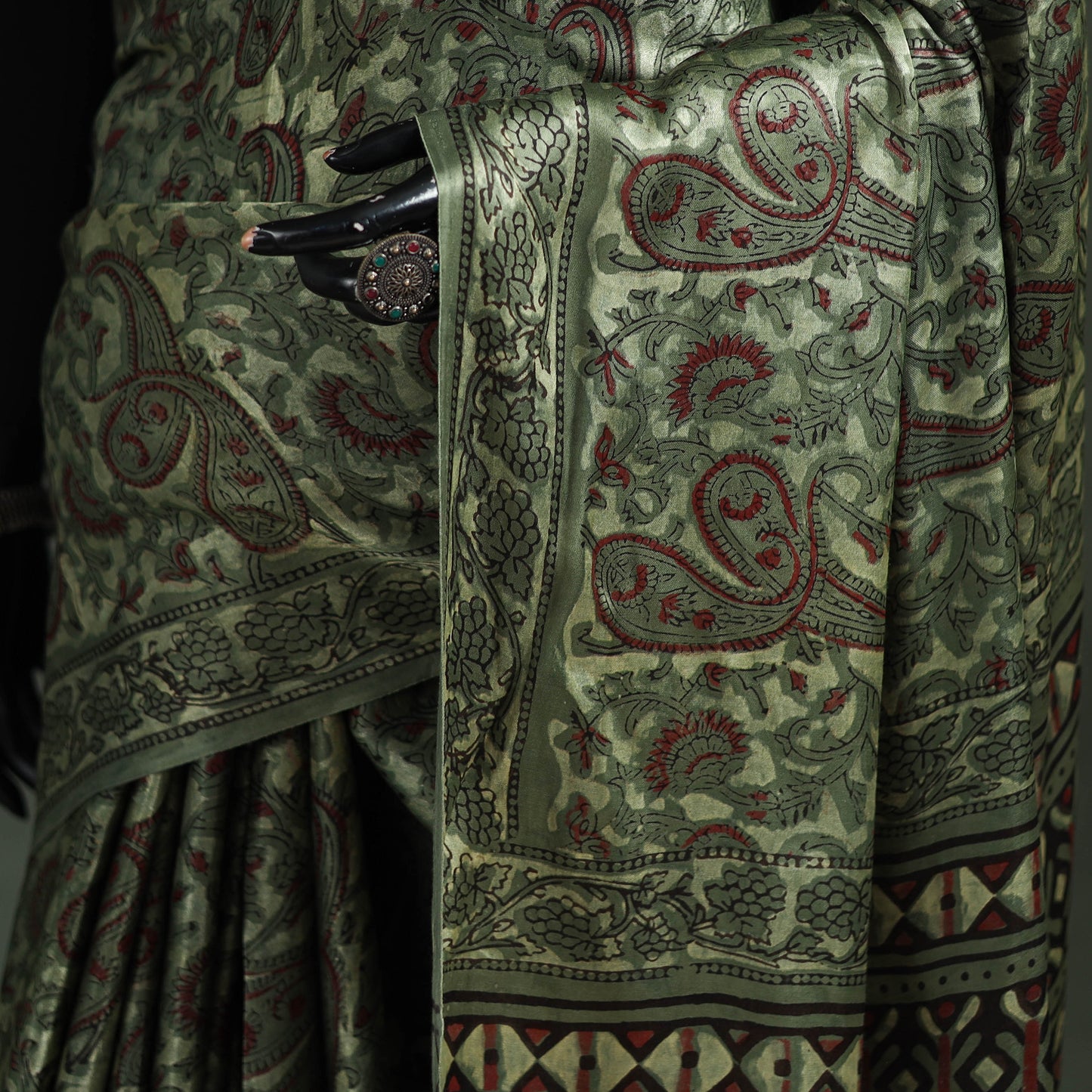 Bagru Hand Block Print Natural Dyed Modal Silk Saree 13