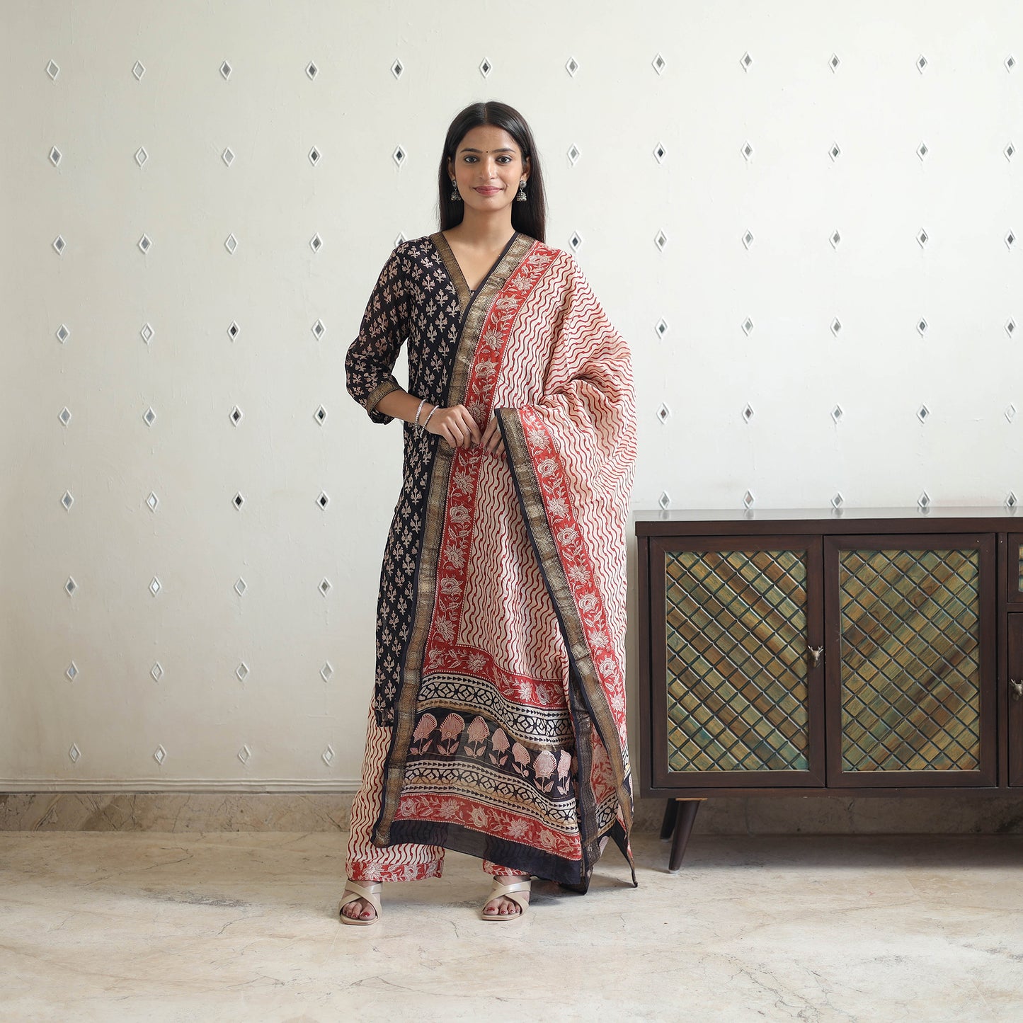 Traditional Maheshwari Silk Bagru Print Kurta Set 05