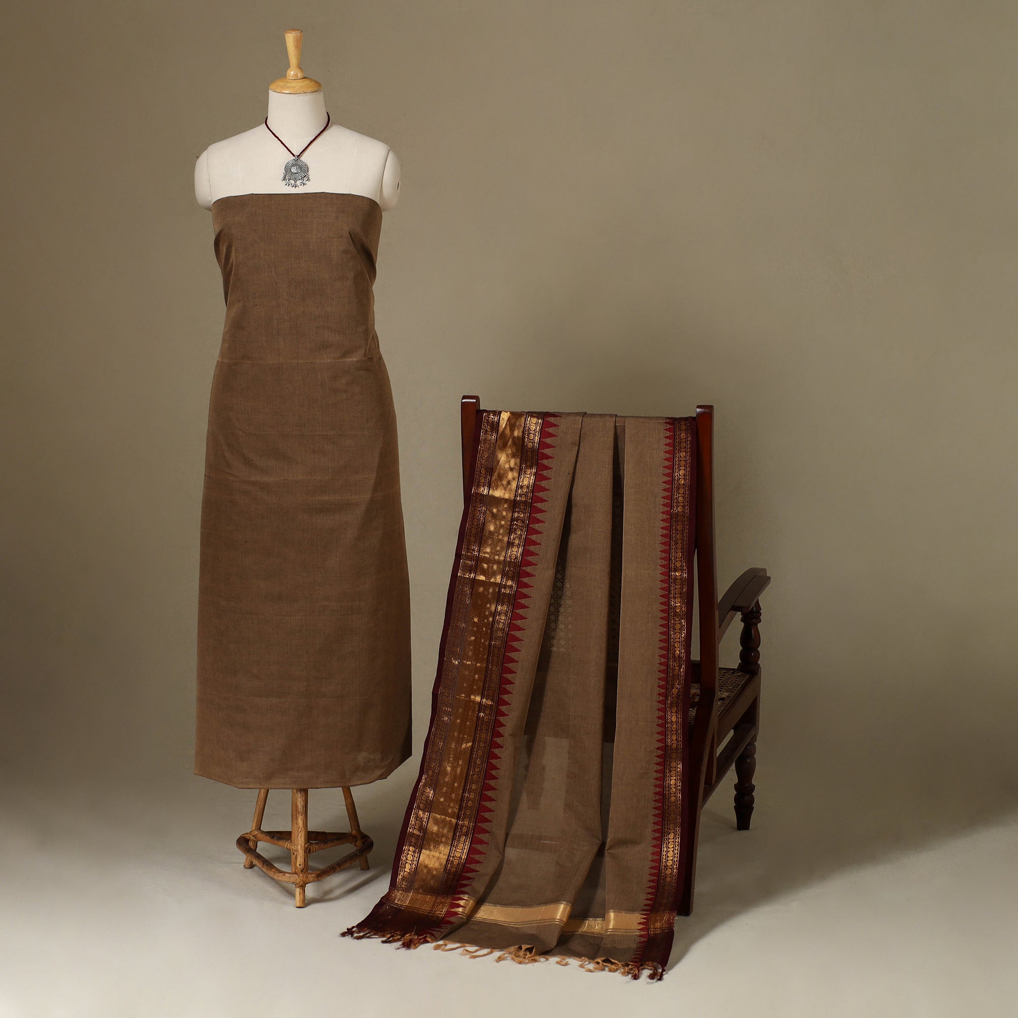 Brown - Kandangi Chettinad Cotton 2pc Unstitched Dress Material 13