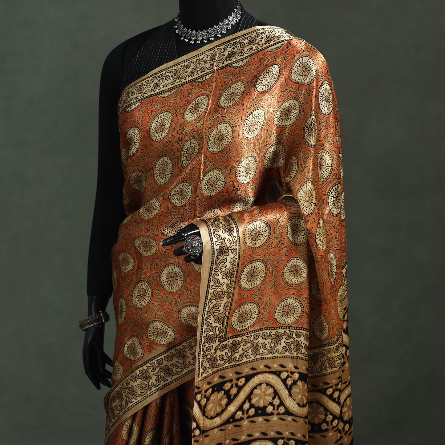 Bagru Hand Block Print Natural Dyed Modal Silk Saree 15