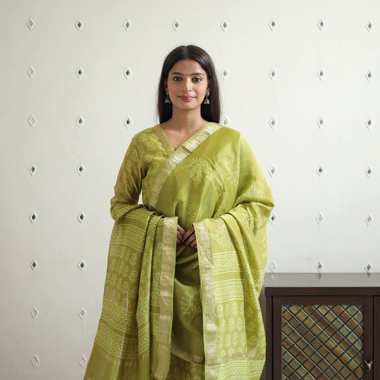 Green - Traditional Maheshwari Silk Bagru Print Kurta Set 03