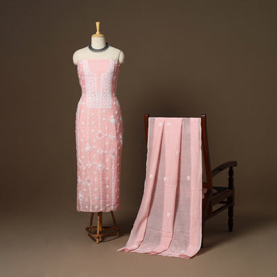 Pink - 2pc mul chanderi unstitched hand beads work heavy