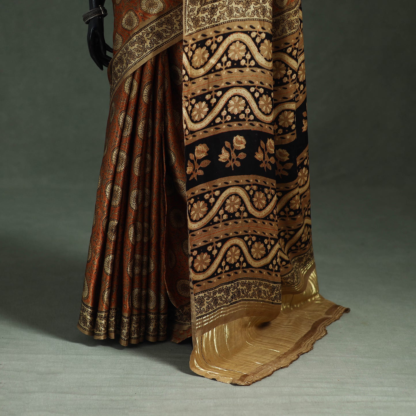 Bagru Hand Block Print Natural Dyed Modal Silk Saree 15