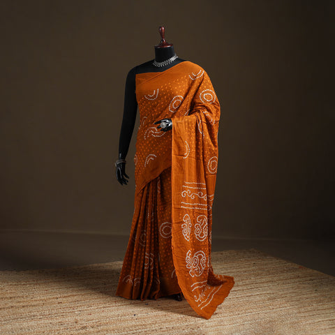 Orange - Kutch Tie-Dye Pure Mul Cotton Rai Bandhani Saree with Blouse Piece 19