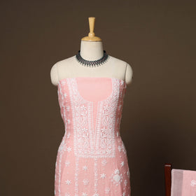 Pink - 2pc mul chanderi unstitched hand beads work heavy