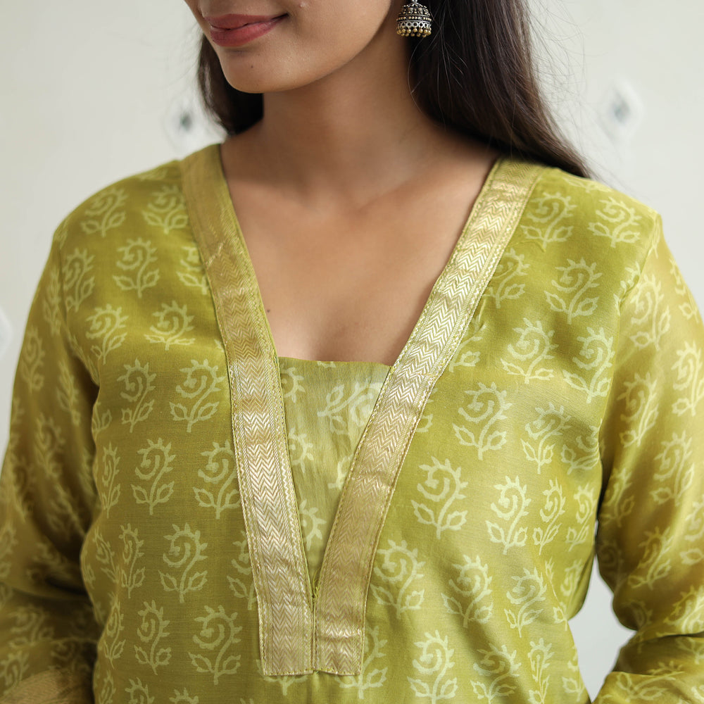 Green - Traditional Maheshwari Silk Bagru Print Kurta Set 03