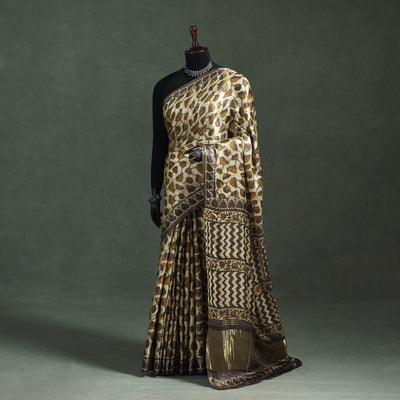 Bagru Hand Block Print Natural Dyed Modal Silk Saree 17