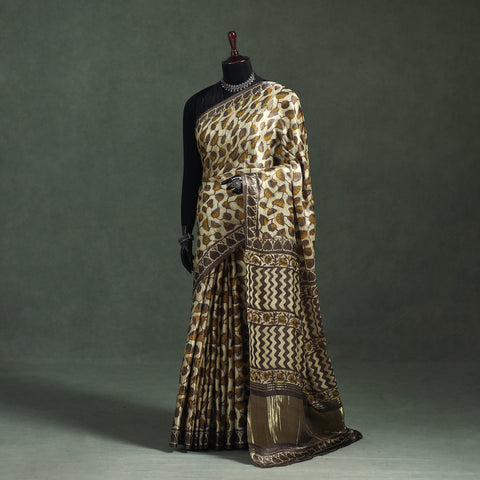 Bagru Hand Block Print Natural Dyed Modal Silk Saree 17