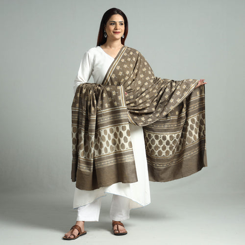 Brown - Akola Dabu Block Printed Mul Cotton Dupatta 40