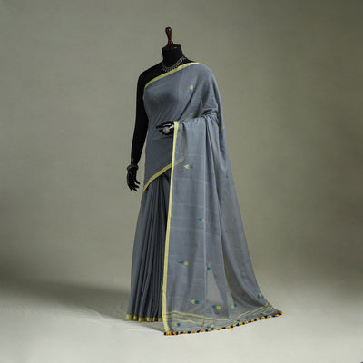 Handloom Pure Mul Cotton Phulia Jamdani Saree with Tassels  16