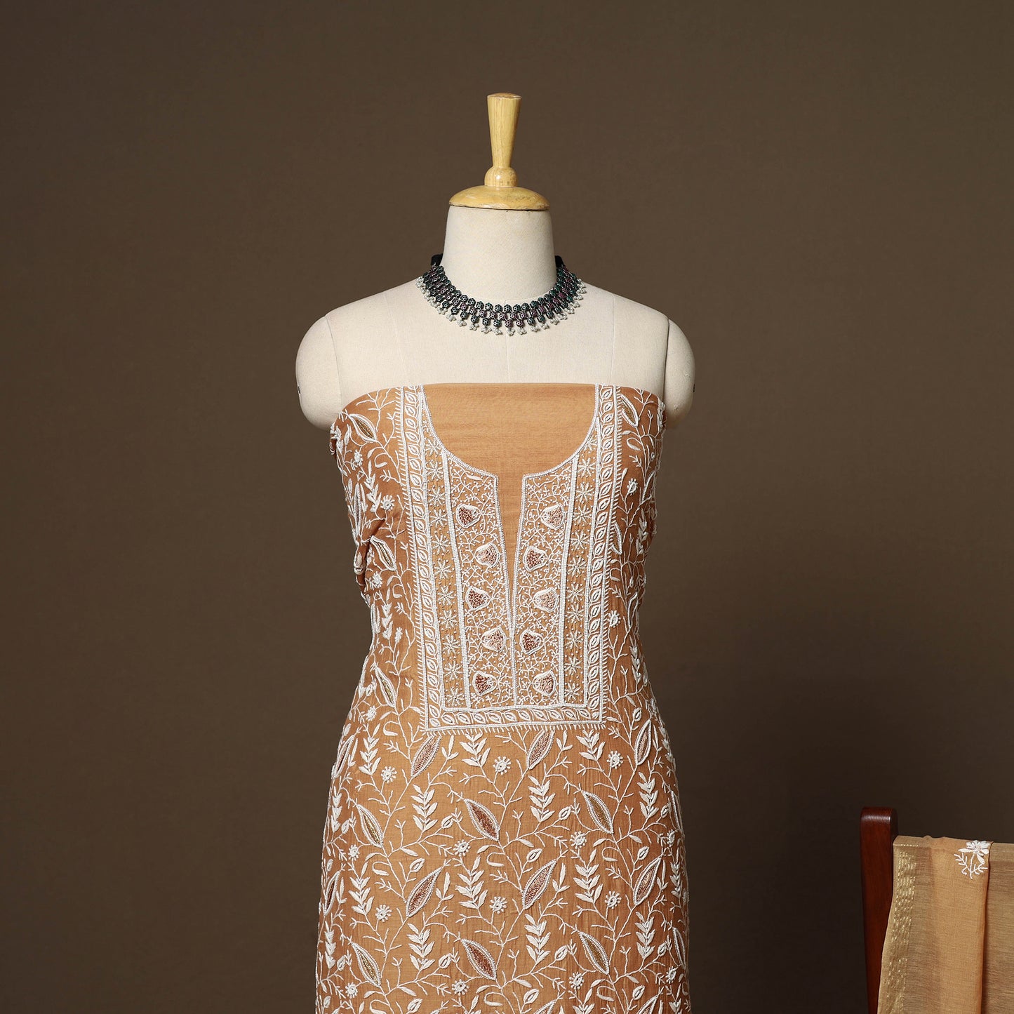 Brown - 2pc mul chanderi unstitched hand beads work heavy