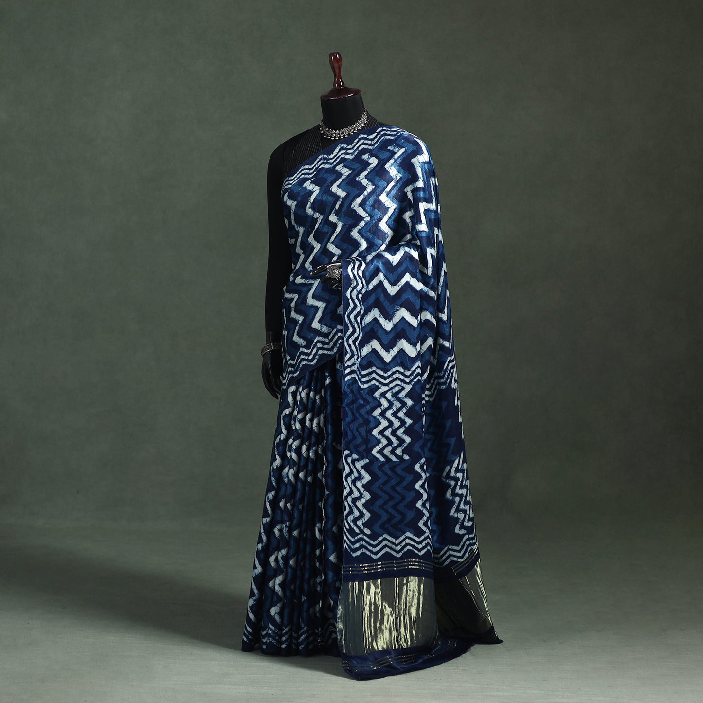 Bagru Indigo Hand Block Print Natural Dyed Modal Silk Saree 18