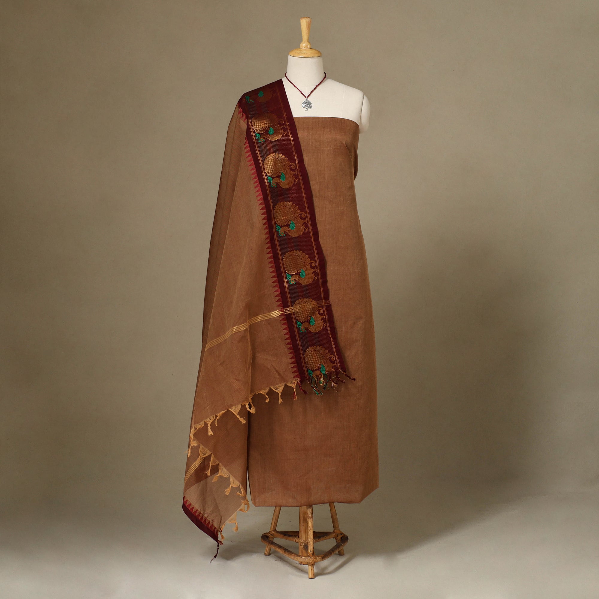 Orange - 2pc Unstitched Kandangi Chettinad Cotton Dress Material 16