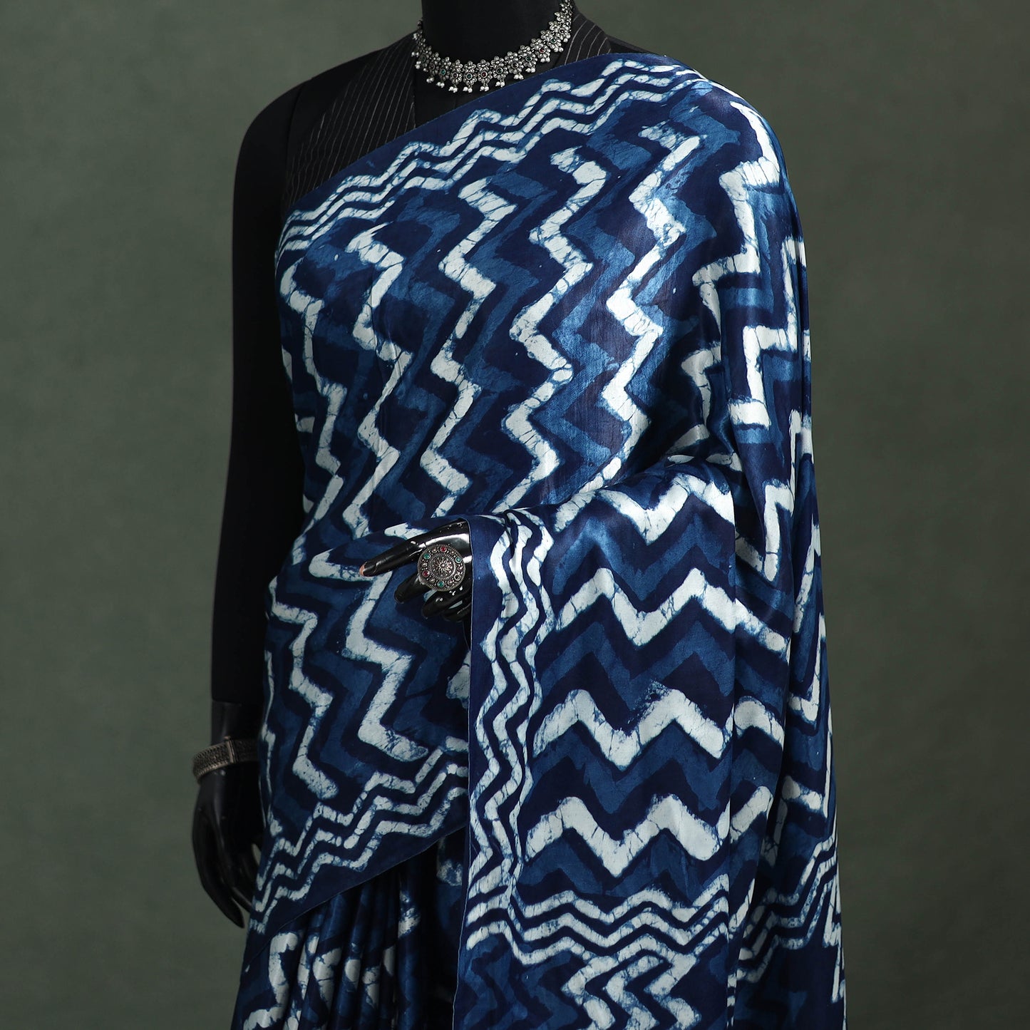 Bagru Indigo Hand Block Print Natural Dyed Modal Silk Saree 18