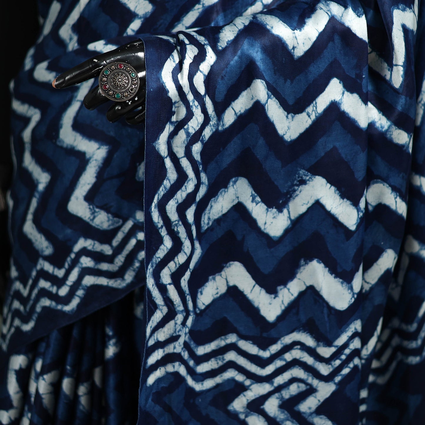 Bagru Indigo Hand Block Print Natural Dyed Modal Silk Saree 18