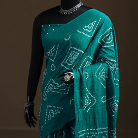 Green - Kutch Tie-Dye Pure Mul Cotton Rai Bandhani Saree with Blouse Piece 22