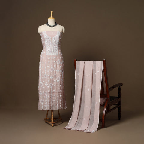 Pink - 2pc mul chanderi unstitched hand beads work heavy