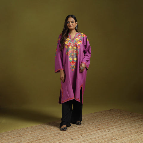 Pink - Handwoven Aari Embroidered Kashmiri Merino Wool Pheran 26