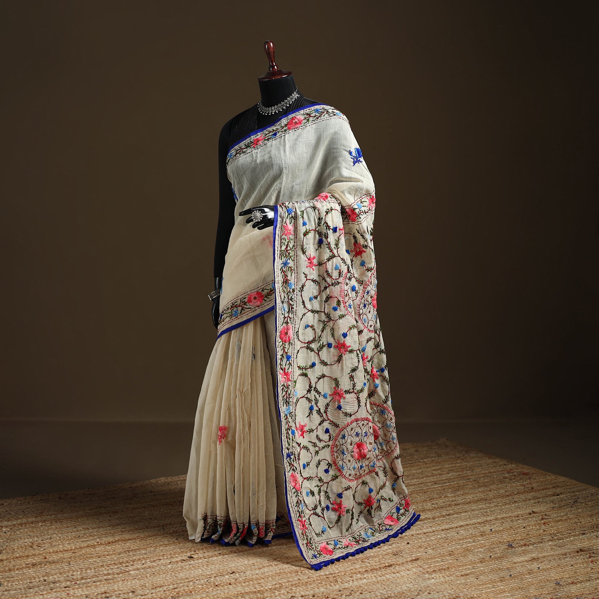 Hand Chapa Beige Phulkari Hand Embroidery Chapa Work Chanderi Silk Saree