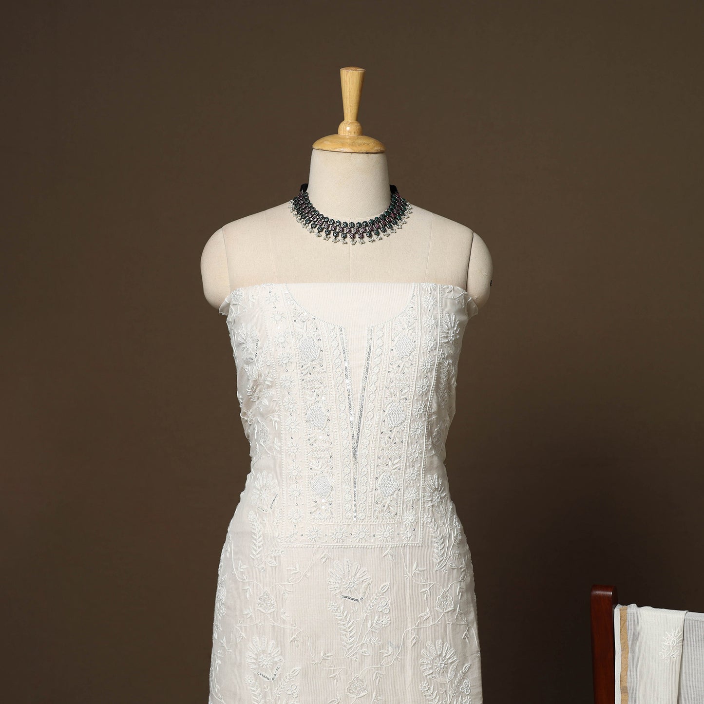 Beige - 2pc mul chanderi unstitched hand beads work heavy