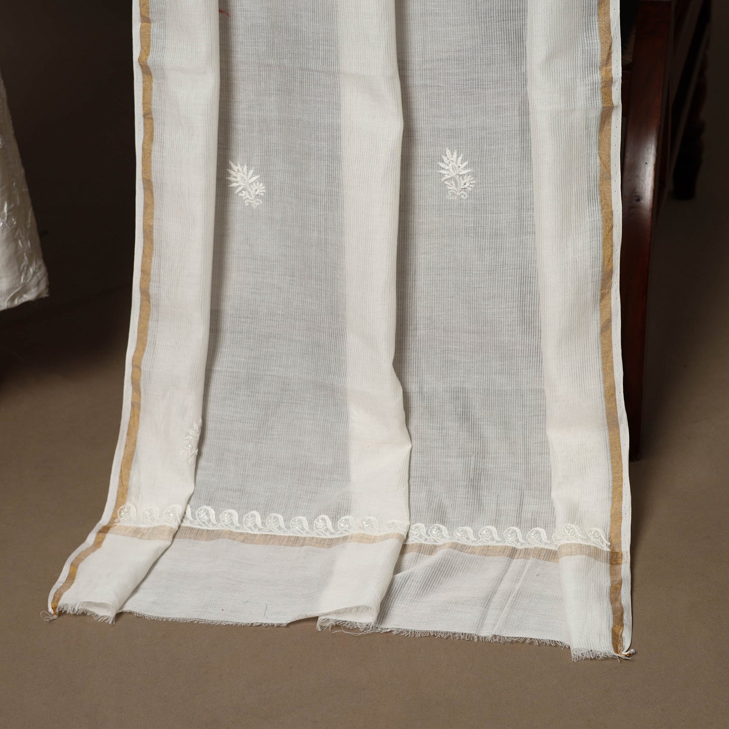 Beige - 2pc mul chanderi unstitched hand beads work heavy