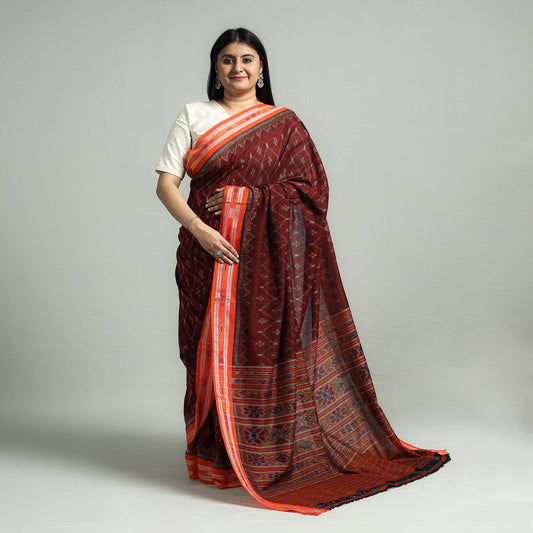 Maroon - Sambalpuri Ikat Weave Handloom Cotton Saree