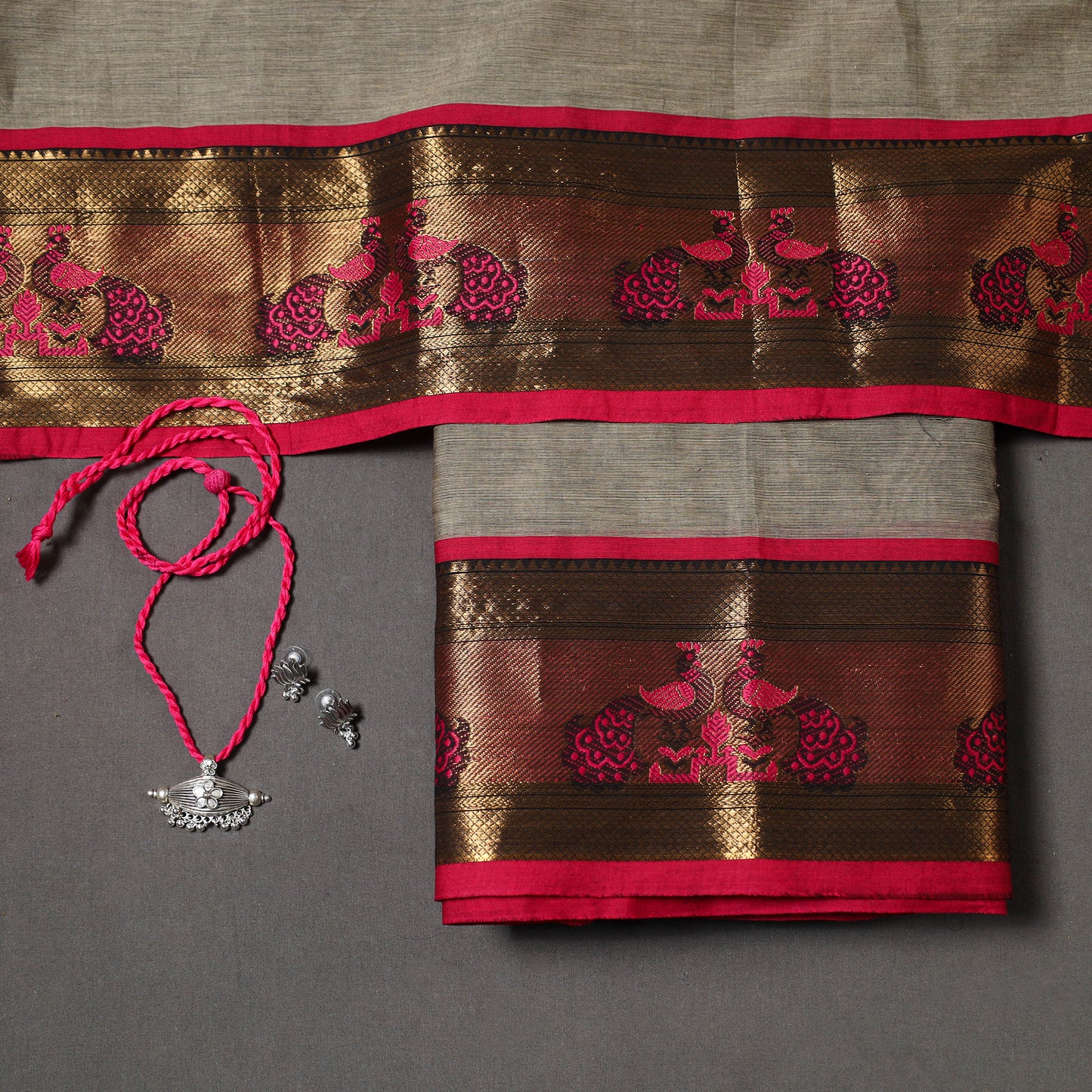 Brown 2pc Kandangi Chettinad Dress Material with Jewellery Set