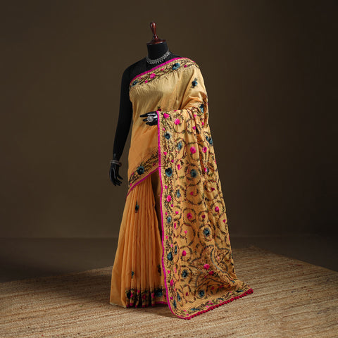 Beige - Phulkari Hand Embroidery Chapa Work Chanderi Silk Saree 03