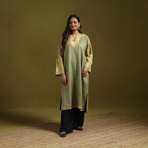 Pink - Handwoven Aari Embroidered Kashmiri Merino Wool Pheran 30