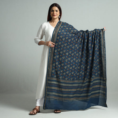 Blue - Akola Block Printed Cotton Zari Border Dupatta 48