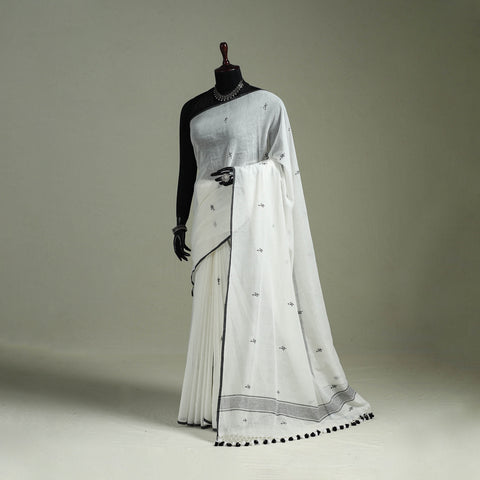 Handloom Pure Mul Cotton Phulia Jamdani Saree with Tassels  23