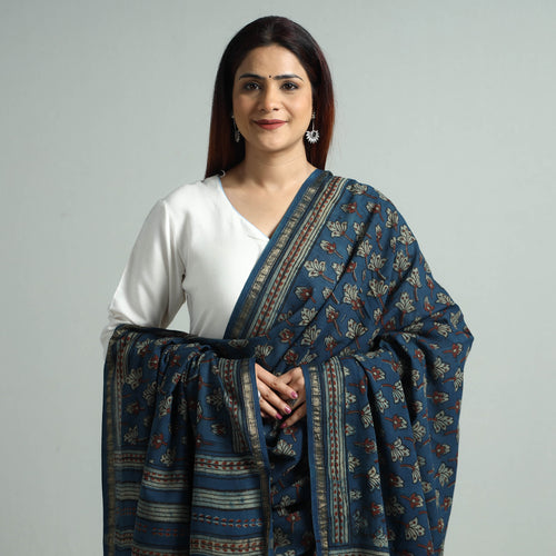 Blue - Akola Block Printed Cotton Zari Border Dupatta 48