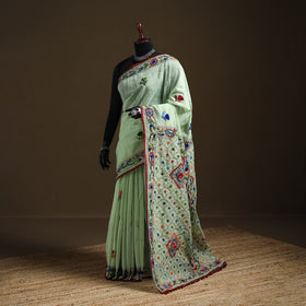 Green - Phulkari Hand Embroidery Chapa Work Chanderi Silk Saree 04