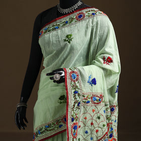 Green - Phulkari Hand Embroidery Chapa Work Chanderi Silk Saree 04