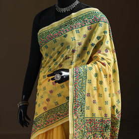 Yellow - Phulkari Hand Embroidery Chapa Work Chanderi Silk Saree 05