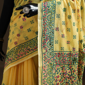 Yellow - Phulkari Hand Embroidery Chapa Work Chanderi Silk Saree 05