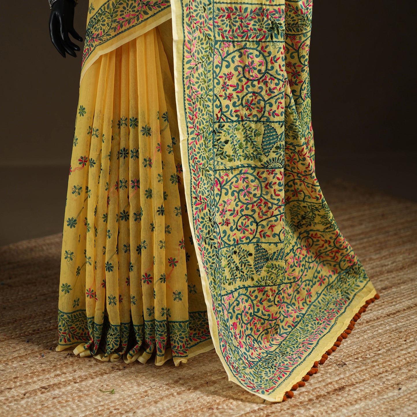 Yellow - Phulkari Hand Embroidery Chapa Work Chanderi Silk Saree 05
