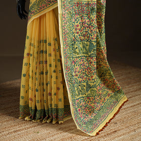 Yellow - Phulkari Hand Embroidery Chapa Work Chanderi Silk Saree 05