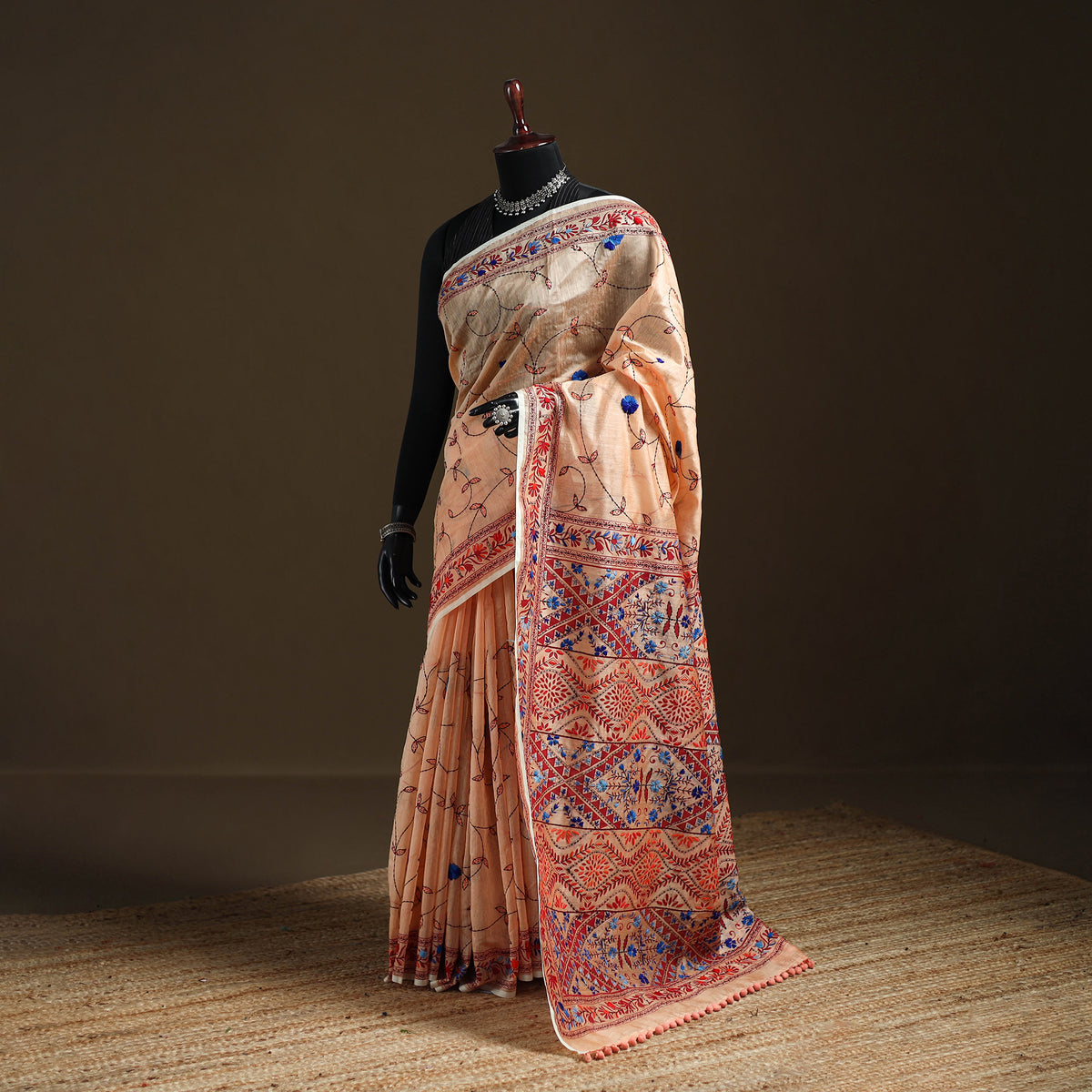 Peach - Phulkari Hand Embroidery Chapa Work Chanderi Silk Saree 06
