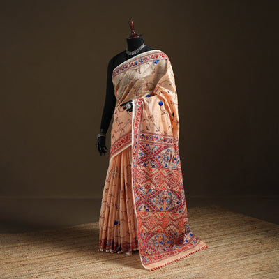 Peach - Phulkari Hand Embroidery Chapa Work Chanderi Silk Saree 06
