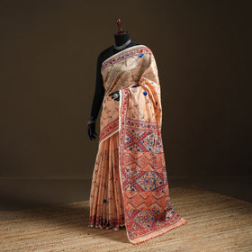 Peach - Phulkari Hand Embroidery Chapa Work Chanderi Silk Saree 06