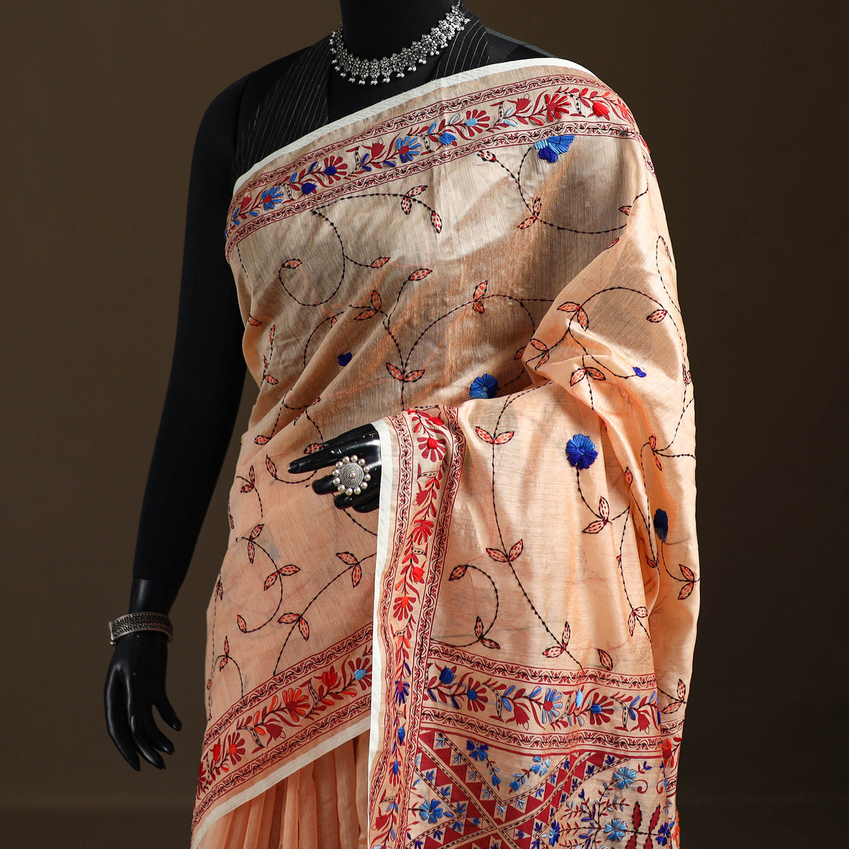 Peach - Phulkari Hand Embroidery Chapa Work Chanderi Silk Saree 06