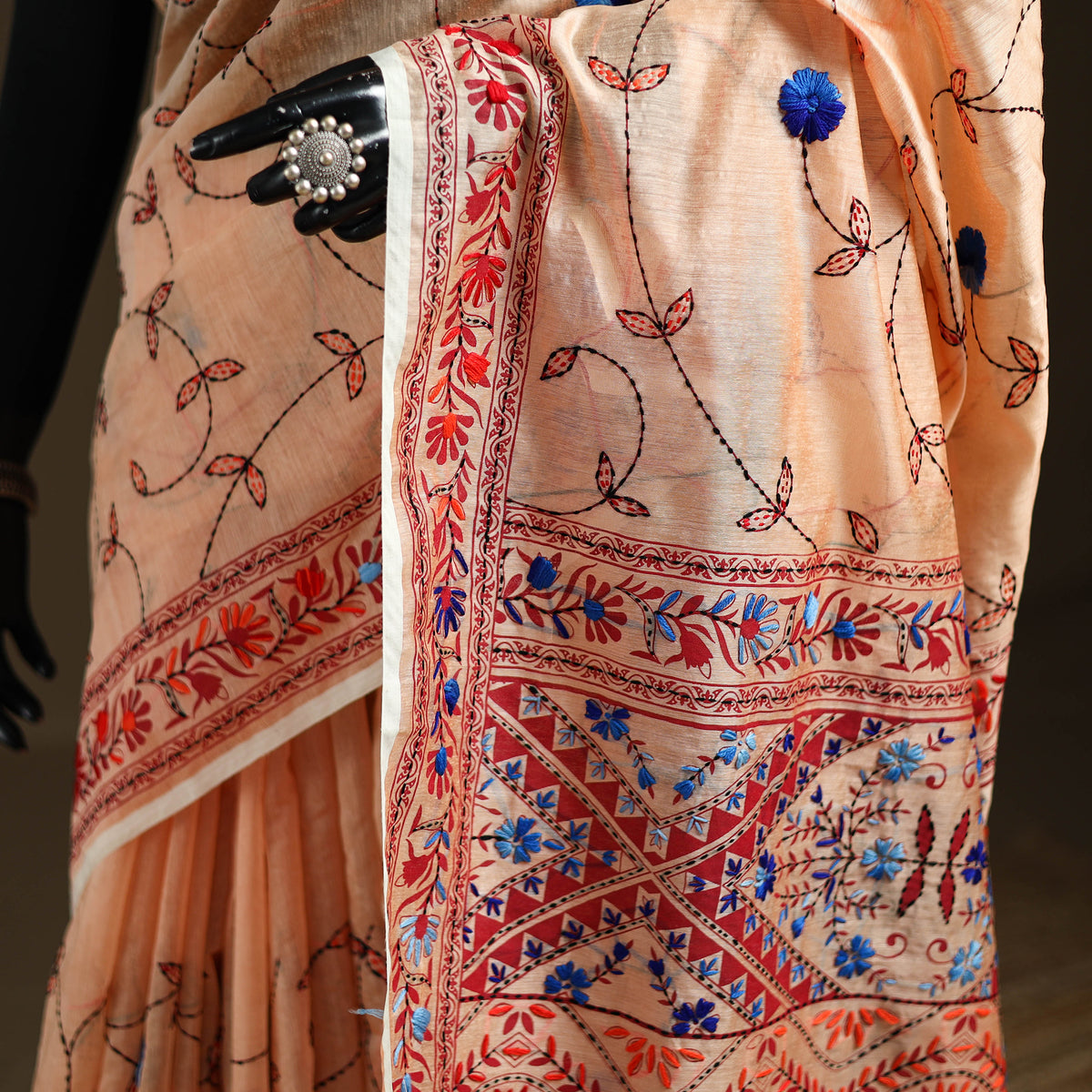 Peach - Phulkari Hand Embroidery Chapa Work Chanderi Silk Saree 06