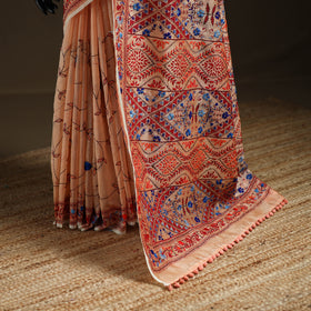 Peach - Phulkari Hand Embroidery Chapa Work Chanderi Silk Saree 06