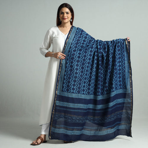 Blue - Akola Block Printed Cotton Zari Border Dupatta 53