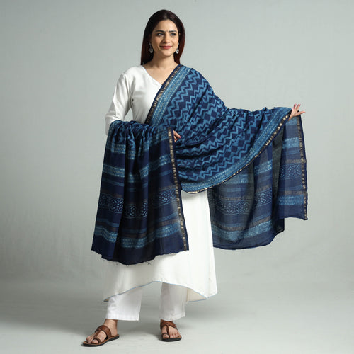 Blue - Akola Block Printed Cotton Zari Border Dupatta 53