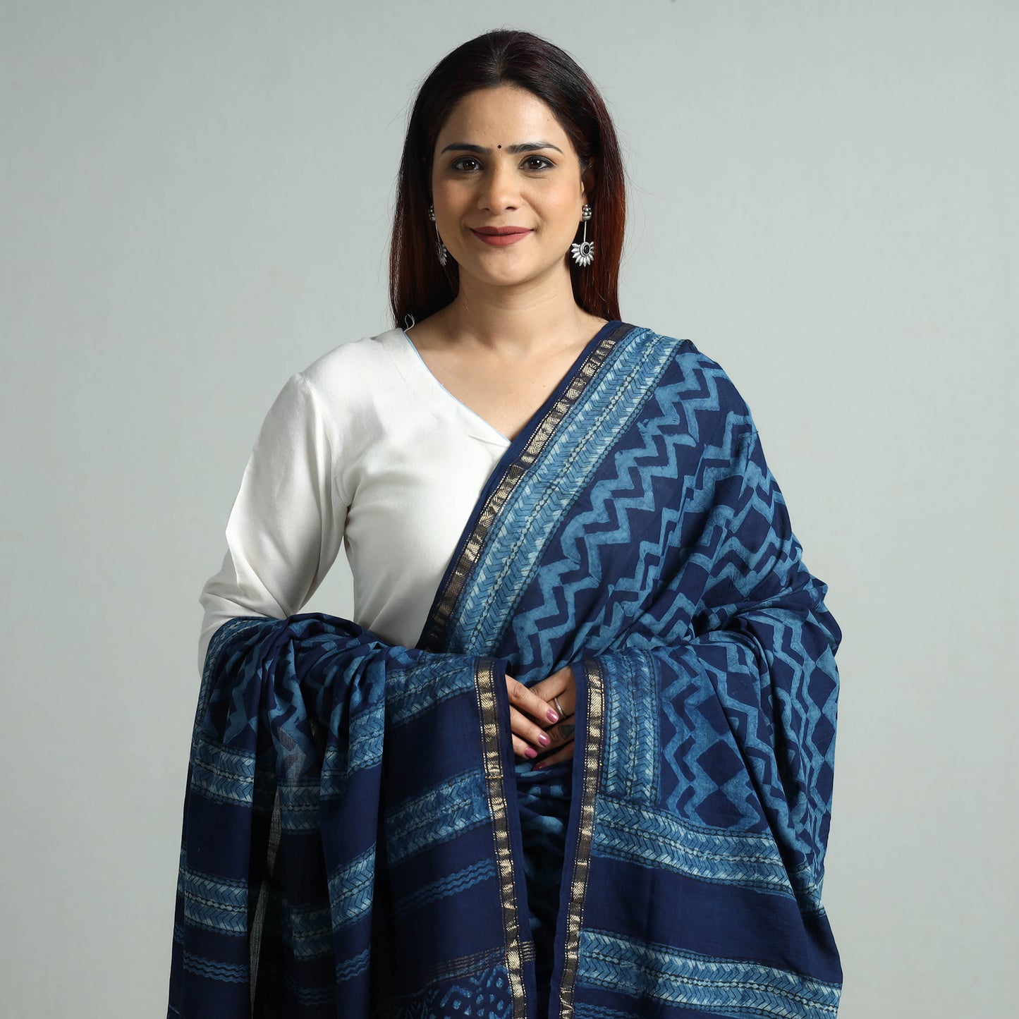 Blue - Akola Block Printed Cotton Zari Border Dupatta 53