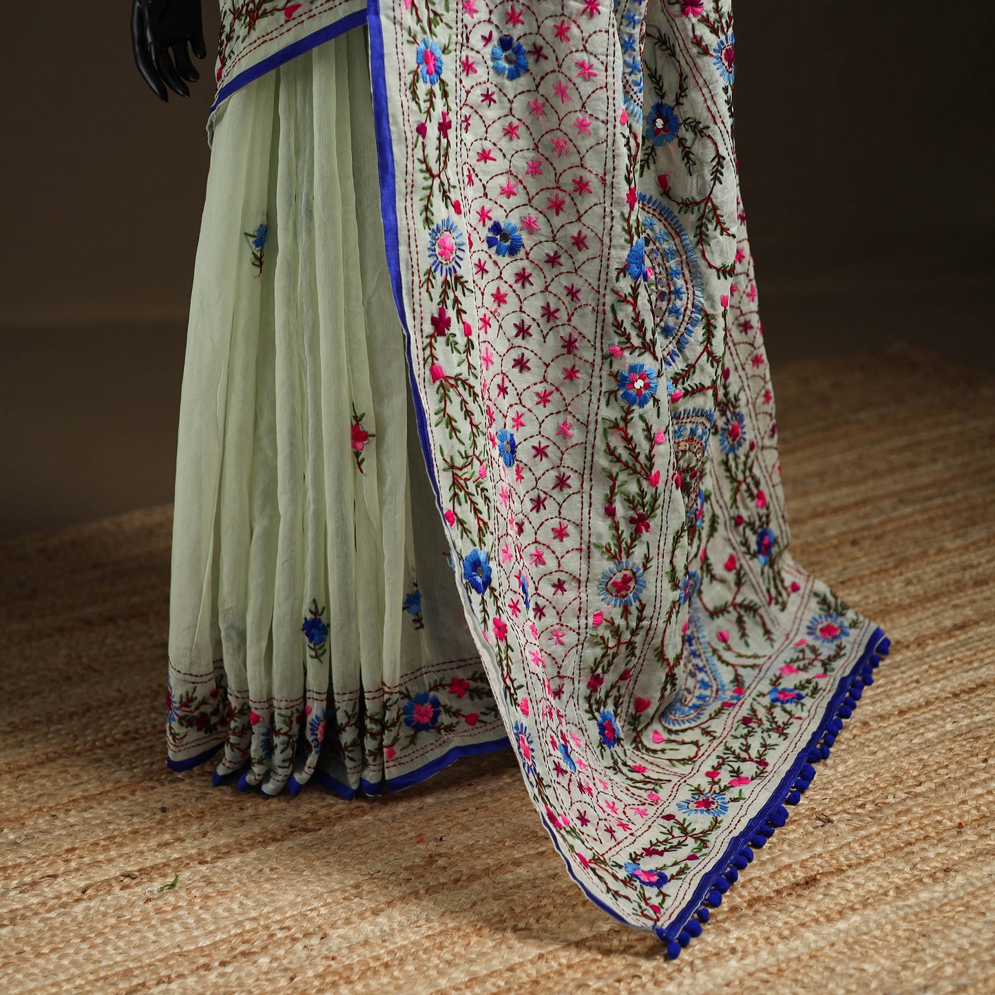 Green - Phulkari Hand Embroidery Chapa Work Chanderi Silk Saree 07